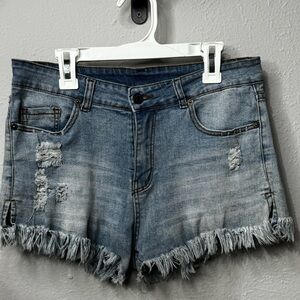 Denim Frayed Hem Light Blue Women Shorts